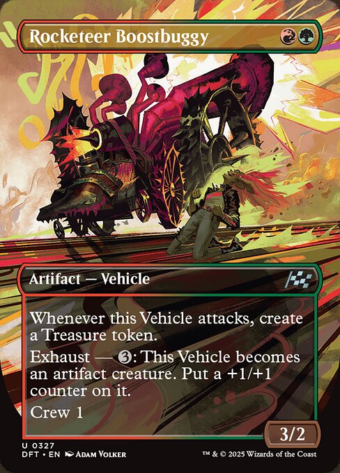 Whenever this Vehicle attacks, create a Treasure token. (It's an artifact with "{T}, Sacrifice this token: Add one mana of any color.")
Exhaust — {3}: This Vehicle becomes an artifact creature. Put a +1/+1 counter on it. (Activate each exhaust ability only once.)
Crew 1