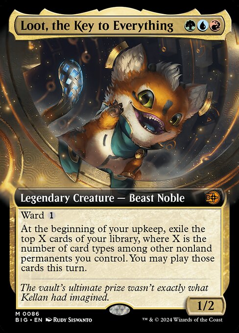 Ward {1}
At the beginning of your upkeep, exile the top X cards of your library, where X is the number of card types among other nonland permanents you control. You may play those cards this turn.