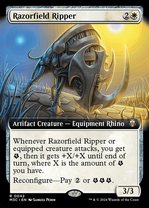 Whenever Razorfield Ripper or equipped creature attacks, you get {E} (an energy counter), then it gets +X/+X until end of turn, where X is the amount of {E} you have.
Reconfigure—Pay {2} or {E}{E}{E}. (Pay {2} or {E}{E}{E}: Attach to target creature you control; or unattach from a creature. Reconfigure only as a sorcery. While attached, this isn't a creature.)