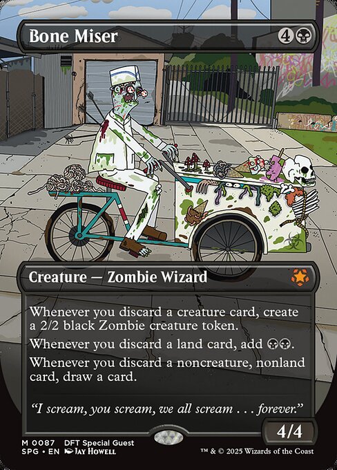 Whenever you discard a creature card, create a 2/2 black Zombie creature token.
Whenever you discard a land card, add {B}{B}.
Whenever you discard a noncreature, nonland card, draw a card.