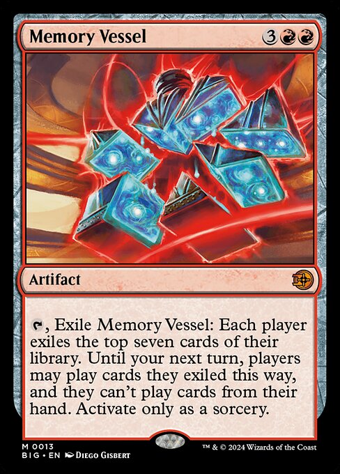 {T}, Exile Memory Vessel: Each player exiles the top seven cards of their library. Until your next turn, players may play cards they exiled from their library this way, and they can't play cards from their hand. Activate only as a sorcery.