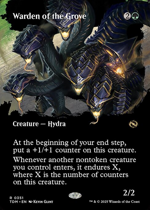 At the beginning of your end step, put a +1/+1 counter on this creature.
Whenever another nontoken creature you control enters, it endures X, where X is the number of counters on this creature. (Put X+1/+1 counters on the creature that entered or create an X/X white Spirit creature token.)