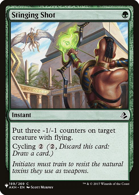 Put three -1/-1 counters on target creature with flying.
Cycling {2} ({2}, Discard this card: Draw a card.)