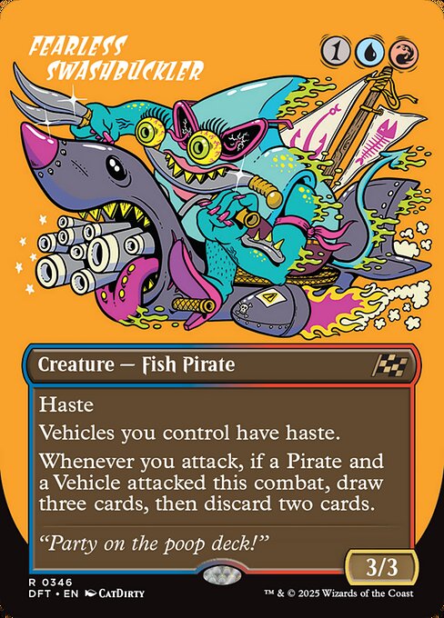 Haste
Vehicles you control have haste.
Whenever you attack, if a Pirate and a Vehicle attacked this combat, draw three cards, then discard two cards.