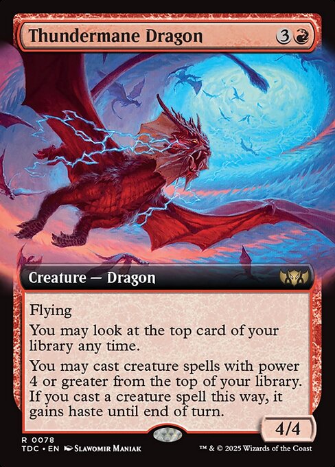 Flying
You may look at the top card of your library any time.
You may cast creature spells with power 4 or greater from the top of your library. If you cast a creature spell this way, it gains haste until end of turn.