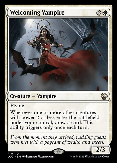 Flying
Whenever one or more other creatures you control with power 2 or less enter, draw a card. This ability triggers only once each turn.