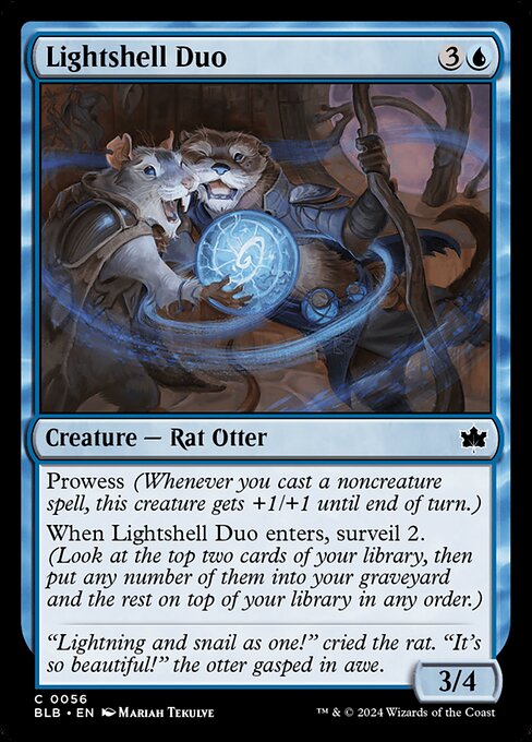 Prowess (Whenever you cast a noncreature spell, this creature gets +1/+1 until end of turn.)
When Lightshell Duo enters, surveil 2. (Look at the top two cards of your library, then put any number of them into your graveyard and the rest on top of your library in any order.)