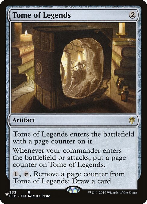 Tome of Legends enters with a page counter on it.
Whenever your commander enters or attacks, put a page counter on Tome of Legends.
{1}, {T}, Remove a page counter from Tome of Legends: Draw a card.