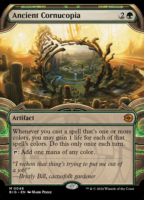 Whenever you cast a spell that's one or more colors, you may gain 1 life for each of that spell's colors. Do this only once each turn.
{T}: Add one mana of any color.
