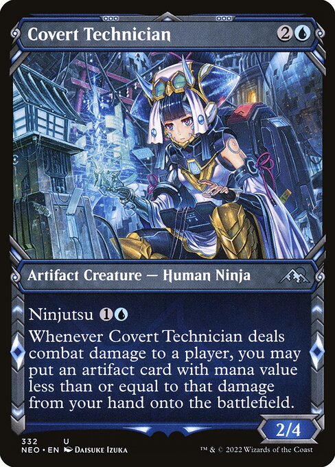 Ninjutsu {1}{U} ({1}{U}, Return an unblocked attacker you control to hand: Put this card onto the battlefield from your hand tapped and attacking.)
Whenever Covert Technician deals combat damage to a player, you may put an artifact card with mana value less than or equal to that damage from your hand onto the battlefield.