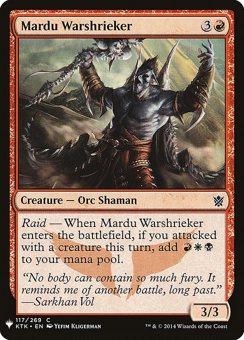 Raid — When Mardu Warshrieker enters the battlefield, if you attacked this turn, add {R}{W}{B}.