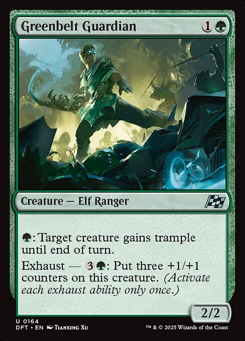 {G}: Target creature gains trample until end of turn.
Exhaust — {3}{G}: Put three +1/+1 counters on this creature. (Activate each exhaust ability only once.)