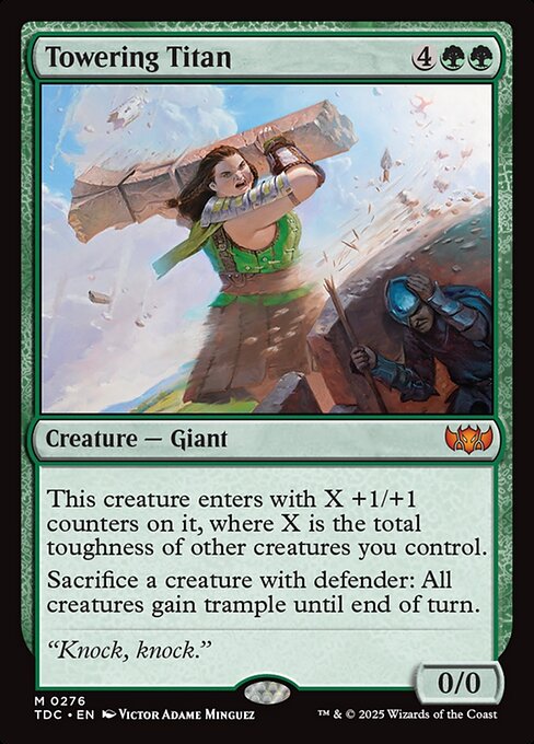 This creature enters with X +1/+1 counters on it, where X is the total toughness of other creatures you control.
Sacrifice a creature with defender: All creatures gain trample until end of turn.