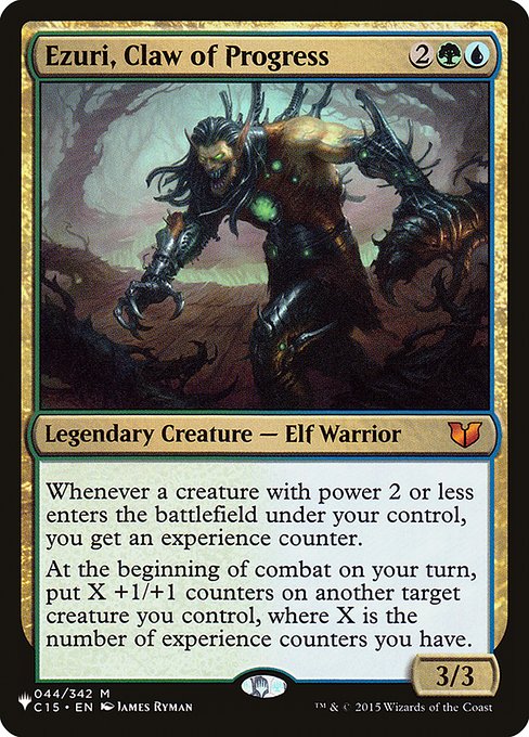 Whenever a creature you control with power 2 or less enters, you get an experience counter.
At the beginning of combat on your turn, put X +1/+1 counters on another target creature you control, where X is the number of experience counters you have.