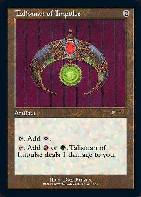{T}: Add {C}.
{T}: Add {R} or {G}. Talisman of Impulse deals 1 damage to you.