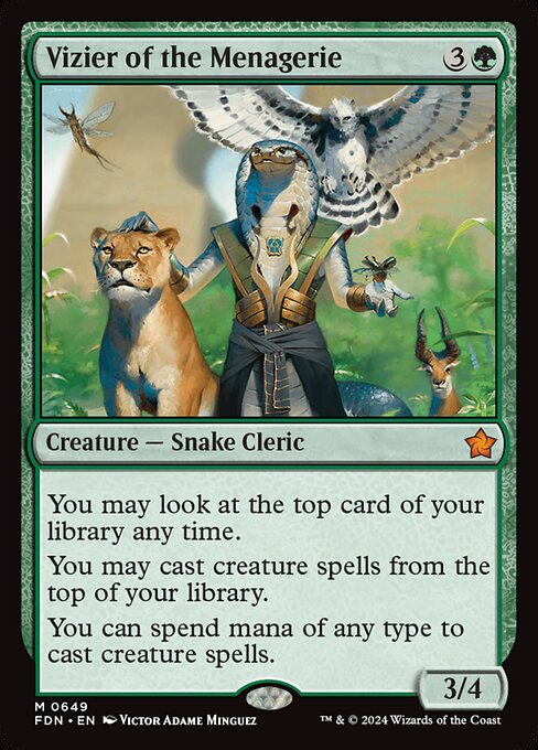You may look at the top card of your library any time.
You may cast creature spells from the top of your library.
You can spend mana of any type to cast creature spells.
