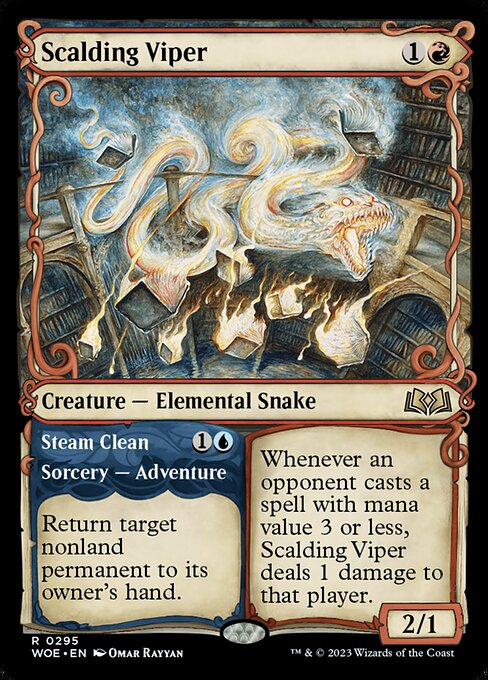 Whenever an opponent casts a spell with mana value 3 or less, Scalding Viper deals 1 damage to that player.   Return target nonland permanent to its owner's hand. (Then exile this card. You may cast the creature later from exile.)