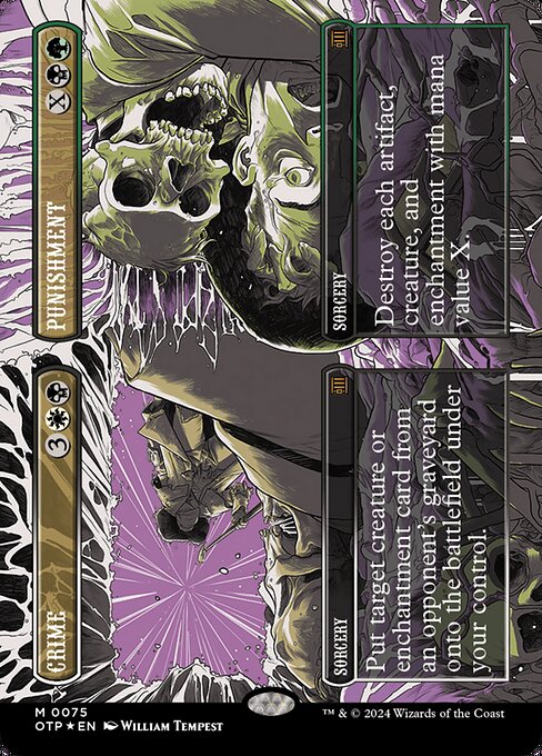 Put target creature or enchantment card from an opponent's graveyard onto the battlefield under your control.   Destroy each artifact, creature, and enchantment with mana value X.
