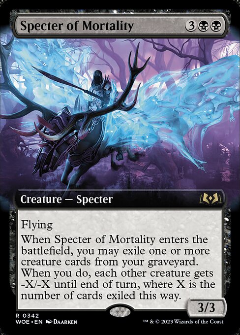 Flying
When Specter of Mortality enters the battlefield, you may exile one or more creature cards from your graveyard. When you do, each other creature gets -X/-X until end of turn, where X is the number of cards exiled this way.