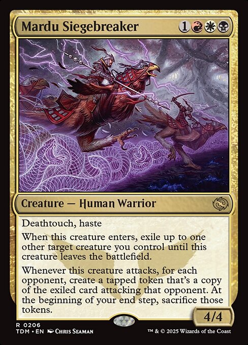 Deathtouch, haste
When this creature enters, exile up to one other target creature you control until this creature leaves the battlefield.
Whenever this creature attacks, for each opponent, create a tapped token that's a copy of the exiled card attacking that opponent. At the beginning of your end step, sacrifice those tokens.