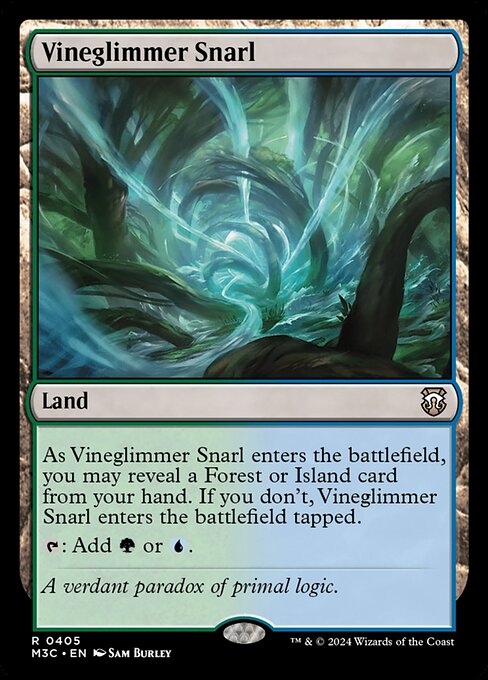 As Vineglimmer Snarl enters, you may reveal a Forest or Island card from your hand. If you don't, Vineglimmer Snarl enters tapped.
{T}: Add {G} or {U}.