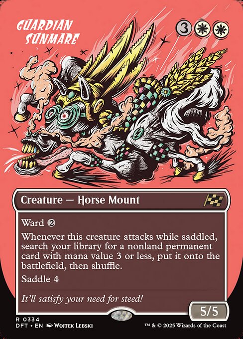 Ward {2}
Whenever this creature attacks while saddled, search your library for a nonland permanent card with mana value 3 or less, put it onto the battlefield, then shuffle.
Saddle 4