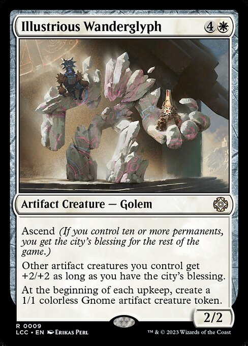 Ascend (If you control ten or more permanents, you get the city's blessing for the rest of the game.)
Other artifact creatures you control get +2/+2 as long as you have the city's blessing.
At the beginning of each upkeep, create a 1/1 colorless Gnome artifact creature token.