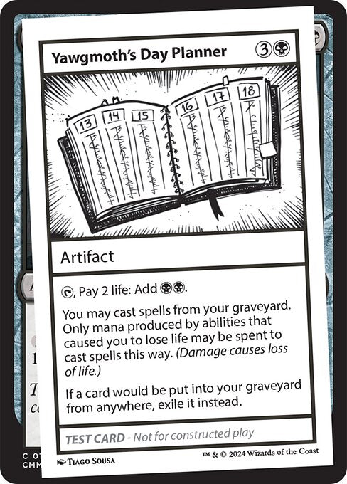 {T}, Pay 2 life: Add {B}{B}.
You may cast spells from your graveyard. Only mana produced by abilities that caused you to lose life may be spent to cast spells this way. (Damage causes loss of life.)
If a card would be put into your graveyard from anywhere, exile it instead.