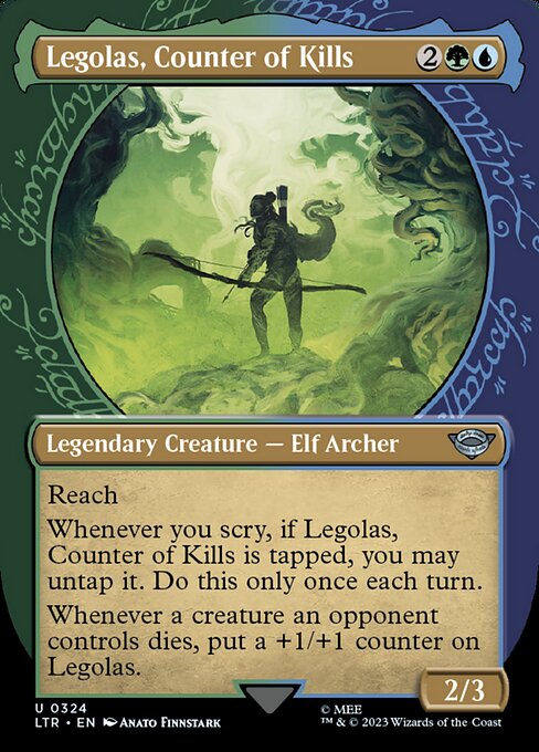 Reach
Whenever you scry, if Legolas, Counter of Kills is tapped, you may untap it. Do this only once each turn.
Whenever a creature an opponent controls dies, put a +1/+1 counter on Legolas.