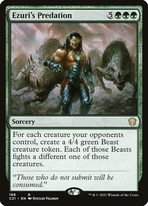 For each creature your opponents control, create a 4/4 green Phyrexian Beast creature token. Each of those tokens fights a different one of those creatures.