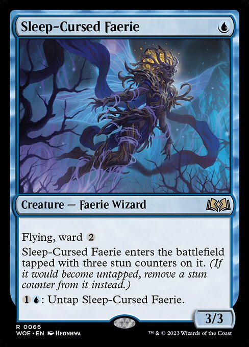Flying, ward {2}
Sleep-Cursed Faerie enters the battlefield tapped with three stun counters on it. (If it would become untapped, remove a stun counter from it instead.)
{1}{U}: Untap Sleep-Cursed Faerie.