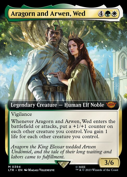Vigilance
Whenever Aragorn and Arwen, Wed enters the battlefield or attacks, put a +1/+1 counter on each other creature you control. You gain 1 life for each other creature you control.