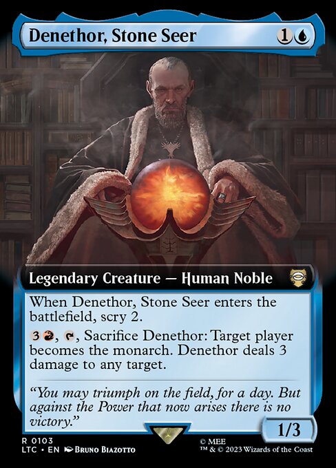 When Denethor, Stone Seer enters the battlefield, scry 2.
{3}{R}, {T}, Sacrifice Denethor: Target player becomes the monarch. Denethor deals 3 damage to any target.