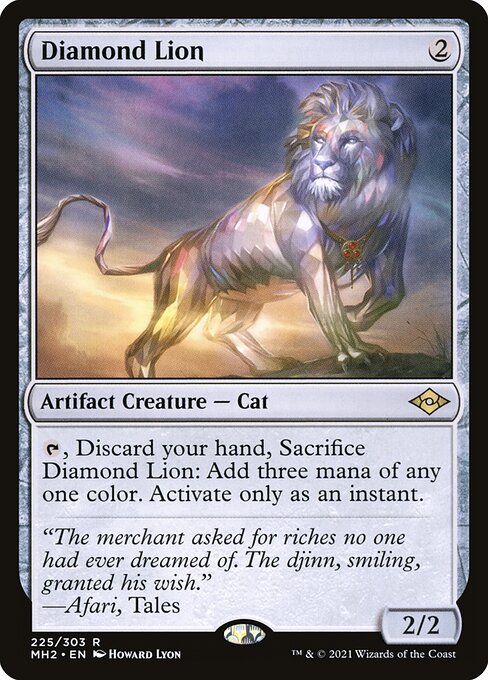 {T}, Discard your hand, Sacrifice Diamond Lion: Add three mana of any one color. Activate only as an instant.