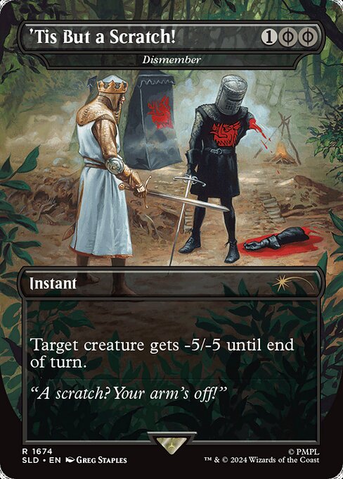 ({B/P} can be paid with either {B} or 2 life.)
Target creature gets -5/-5 until end of turn.