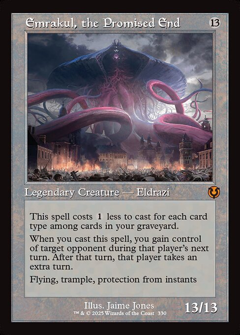 This spell costs {1} less to cast for each card type among cards in your graveyard.
When you cast this spell, you gain control of target opponent during that player's next turn. After that turn, that player takes an extra turn.
Flying, trample, protection from instants