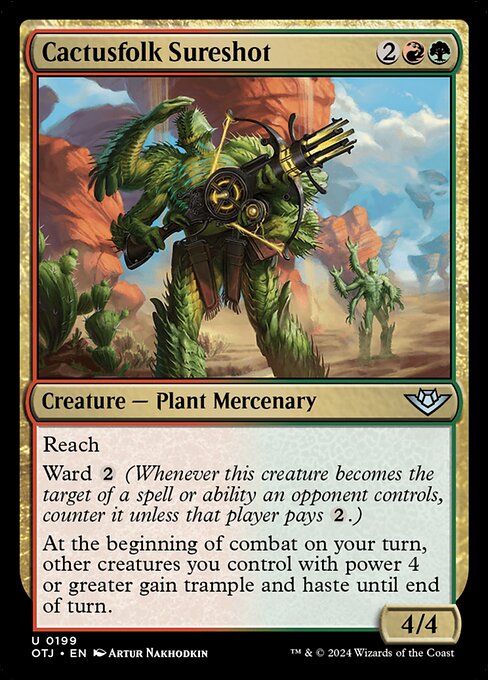 Reach
Ward {2} (Whenever this creature becomes the target of a spell or ability an opponent controls, counter it unless that player pays {2}.)
At the beginning of combat on your turn, other creatures you control with power 4 or greater gain trample and haste until end of turn.