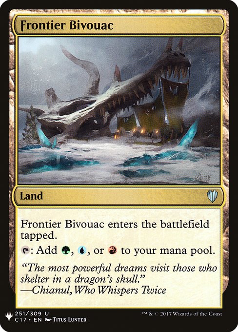 Frontier Bivouac enters tapped.
{T}: Add {G}, {U}, or {R}.
