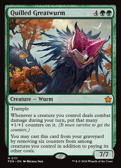 Trample
Whenever a creature you control deals combat damage during your turn, put that many +1/+1 counters on it. (It must survive to get the counters.)
You may cast this card from your graveyard by removing six counters from among creatures you control in addition to paying its other costs.