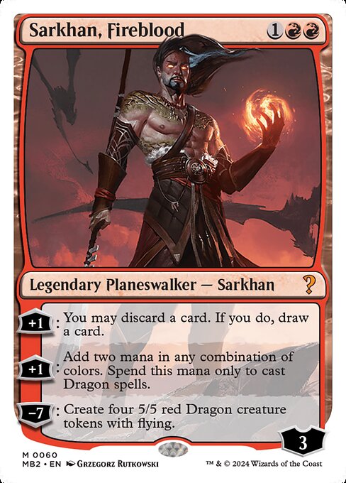 +1: You may discard a card. If you do, draw a card.
+1: Add two mana in any combination of colors. Spend this mana only to cast Dragon spells.
−7: Create four 5/5 red Dragon creature tokens with flying.