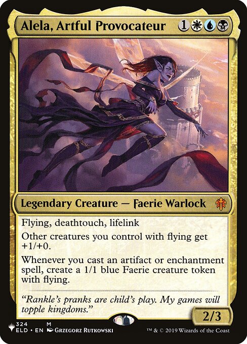 Flying, deathtouch, lifelink
Other creatures you control with flying get +1/+0.
Whenever you cast an artifact or enchantment spell, create a 1/1 blue Faerie creature token with flying.