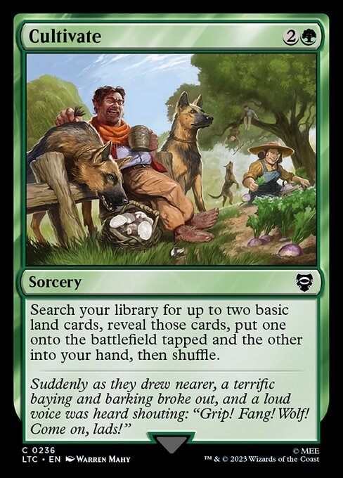 Search your library for up to two basic land cards, reveal those cards, put one onto the battlefield tapped and the other into your hand, then shuffle.