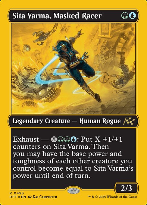 Exhaust — {X}{G}{G}{U}: Put X +1/+1 counters on Sita Varma. Then you may have the base power and toughness of each other creature you control become equal to Sita Varma's power until end of turn. (Activate each exhaust ability only once.)