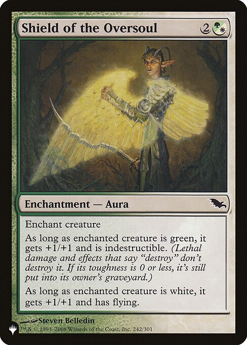 Enchant creature
As long as enchanted creature is green, it gets +1/+1 and has indestructible. (Damage and effects that say "destroy" don't destroy it. If its toughness is 0 or less, it's still put into its owner's graveyard.)
As long as enchanted creature is white, it gets +1/+1 and has flying.