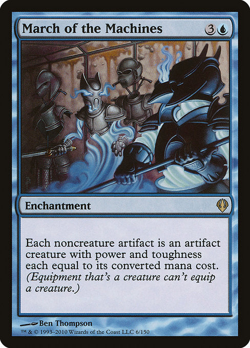 Each noncreature artifact is an artifact creature with power and toughness each equal to its mana value. (Equipment that's a creature can't equip a creature.)