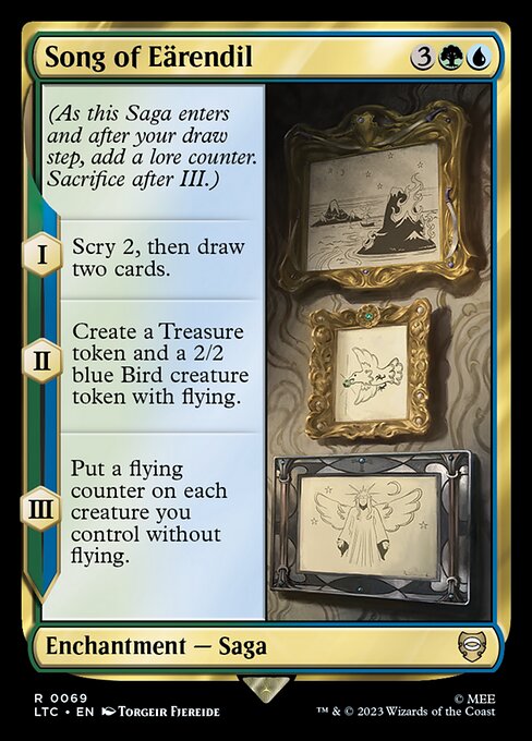 (As this Saga enters and after your draw step, add a lore counter. Sacrifice after III.)
I — Scry 2, then draw two cards.
II — Create a Treasure token and a 2/2 blue Bird creature token with flying.
III — Put a flying counter on each creature you control without flying.