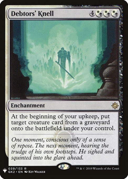 ({W/B} can be paid with either {W} or {B}.)
At the beginning of your upkeep, put target creature card from a graveyard onto the battlefield under your control.