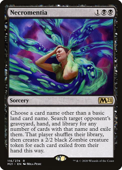 Choose a card name other than a basic land card name. Search target opponent's graveyard, hand, and library for any number of cards with that name and exile them. That player shuffles, then creates a 2/2 black Zombie creature token for each card exiled from their hand this way.