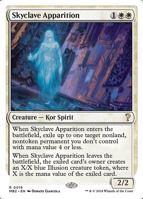 When Skyclave Apparition enters, exile up to one target nonland, nontoken permanent you don't control with mana value 4 or less.
When Skyclave Apparition leaves the battlefield, the exiled card's owner creates an X/X blue Illusion creature token, where X is the mana value of the exiled card.