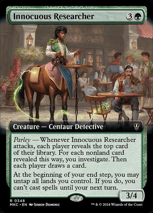 Parley — Whenever Innocuous Researcher attacks, each player reveals the top card of their library. For each nonland card revealed this way, you investigate. Then each player draws a card.
At the beginning of your end step, you may untap all lands you control. If you do, you can't cast spells until your next turn.
